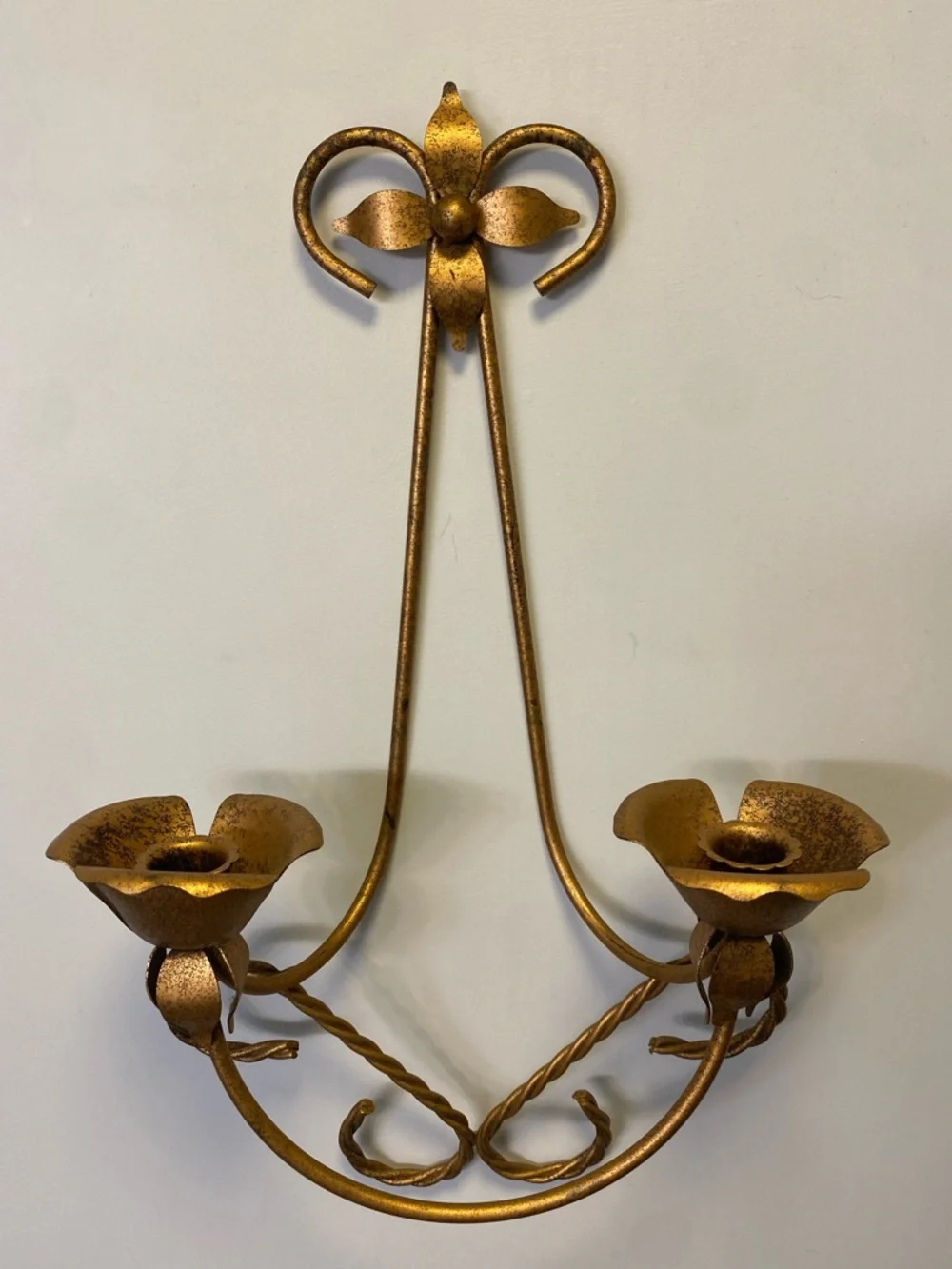 Vintage MCM Gold Metal Twisted Rope Double Wall Sconce Candle Holder